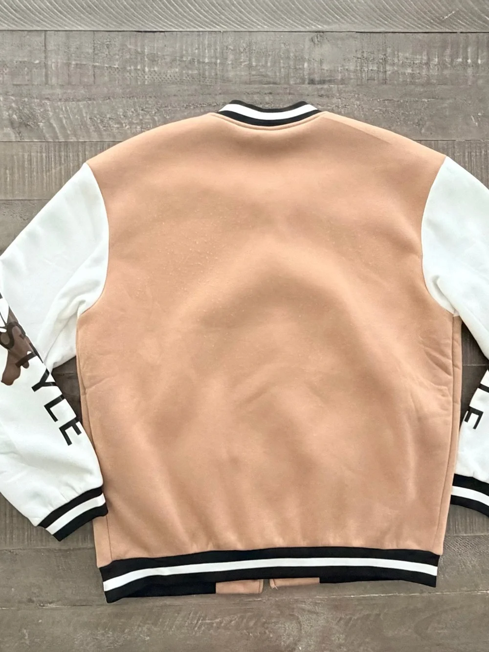 Men's Tan and White Graphic Varsity Jacket - Size M
